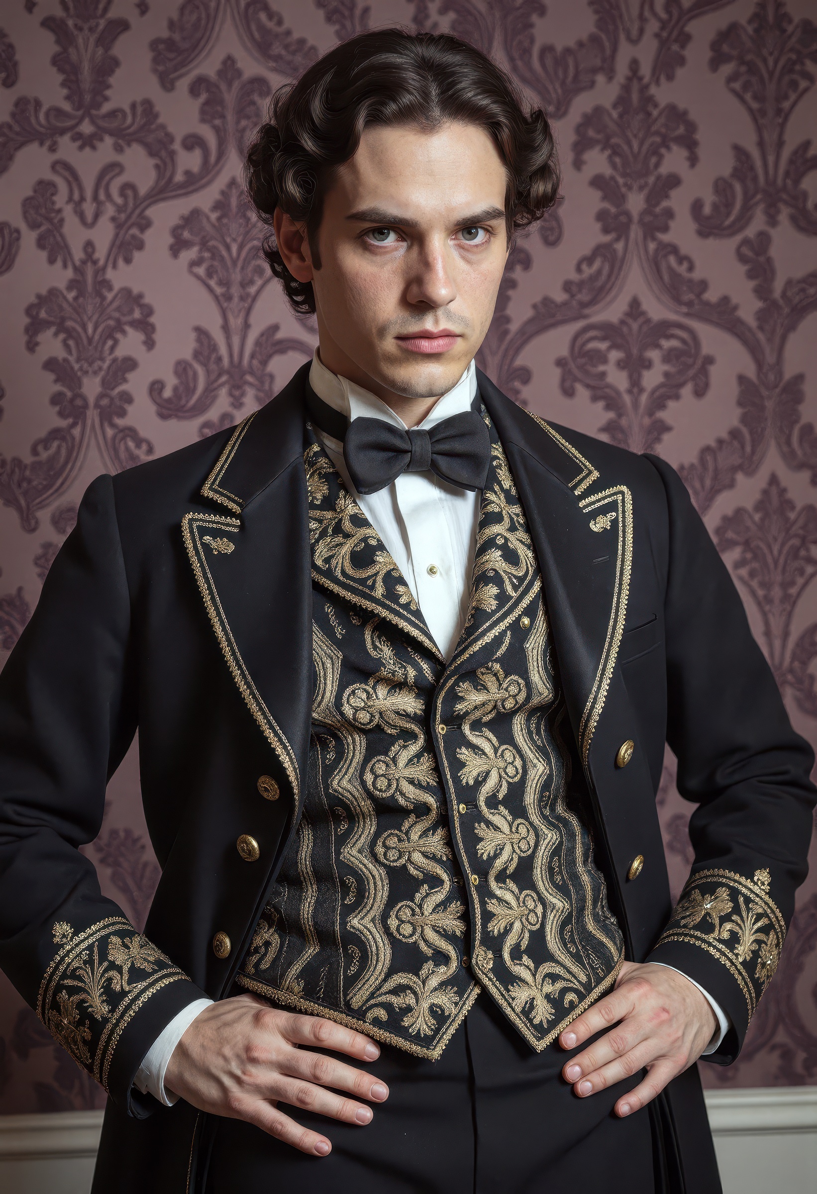 Candid color photograph of a slim,  sharp-featured man with large expressive eyes and curly hair,  dressed in 1850s Victor...