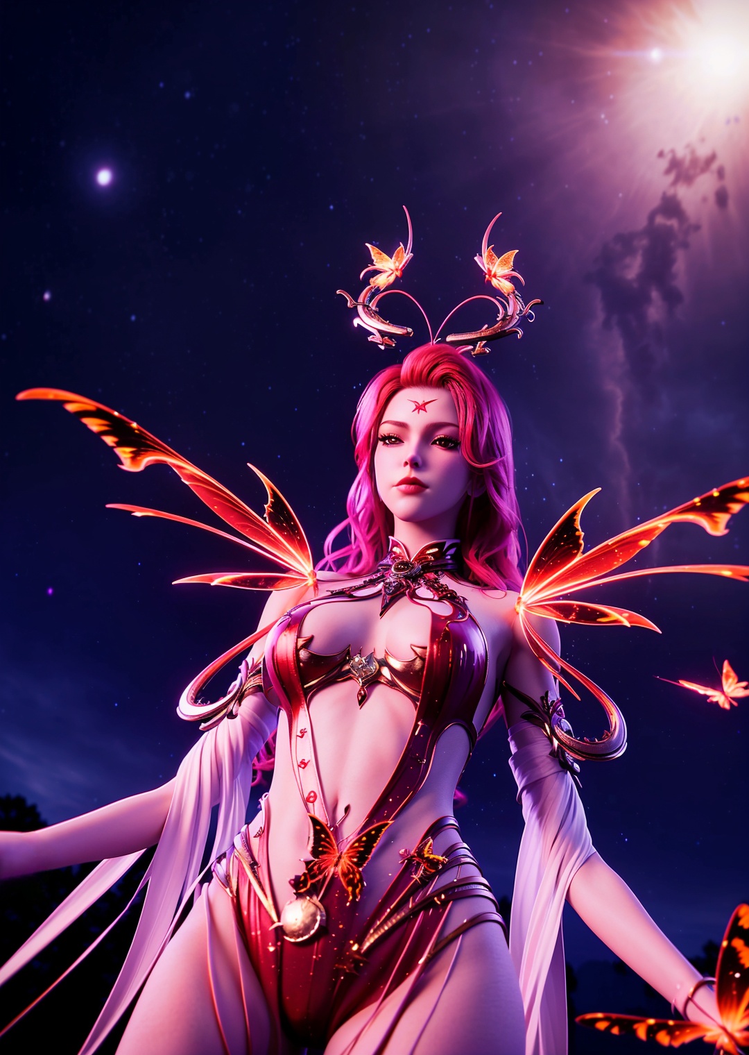 1girl,solo,huge breasts,halo,looking down,dress,(spirit body:1.5),starry sky,space,((red fire butterfly)),fantasy,((glowing)),cowboy shot,(from below),(blurry),depth of field,3d,Highly detailed,(ultra-detailed),(best quality,masterpiece:1.5),<lora:xidi:0.7>,