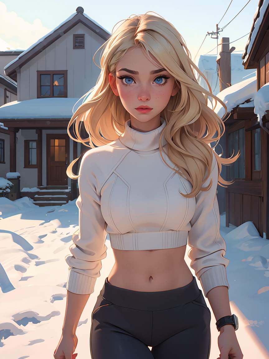 Blonde Girl,  Upper body photo. Beautiful athletic girl wearing a thin cropped athletic sweater and low-rise sweat pants,...