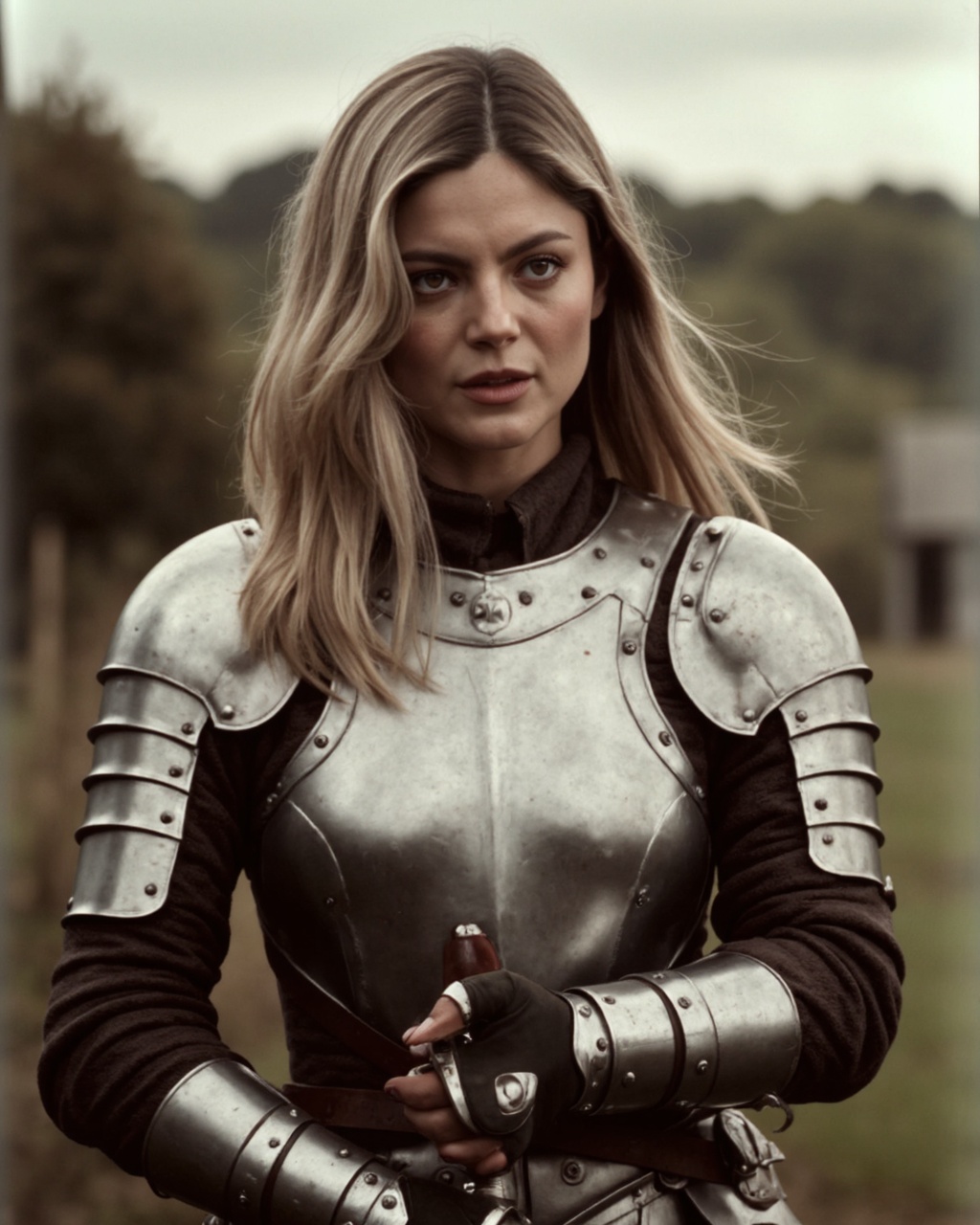 monica_barbaro in medieval armor,  holding a sword with both hands. The image is in a sepia tone,  giving it a nostalgic a...