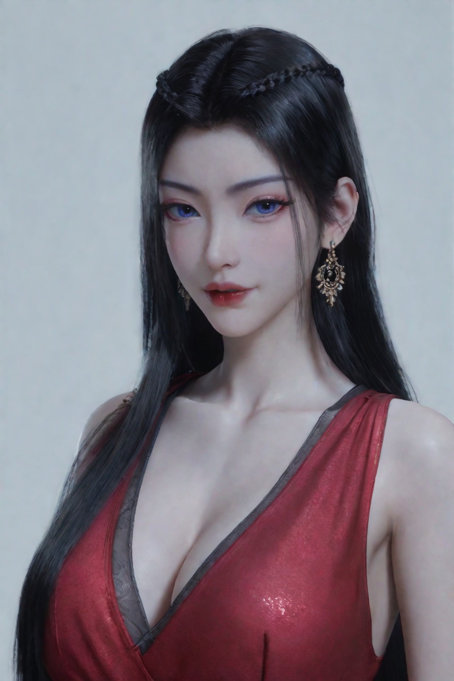 score_9,score_8_up,score_7_up,incredibly absurdres,<lora:SF_YuanYao_Pony-000004:0.7>,1girl,solo,red dress,large breasts,naughty_face,red lips,jewelry,earring,long hair,looking at viewer,white background,