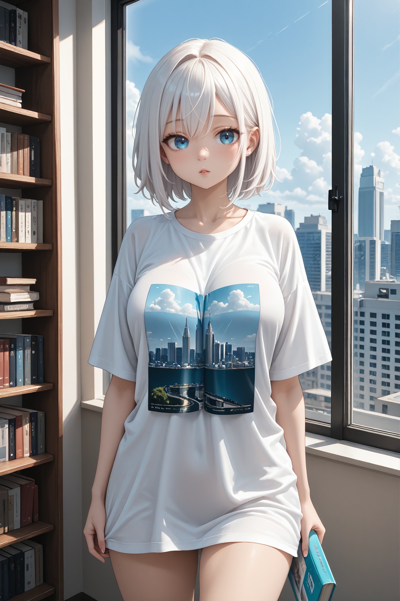 cute lady reading a book in an apartment of a high building,  dressed in an oversized T-shirt,  a big window that allows t...