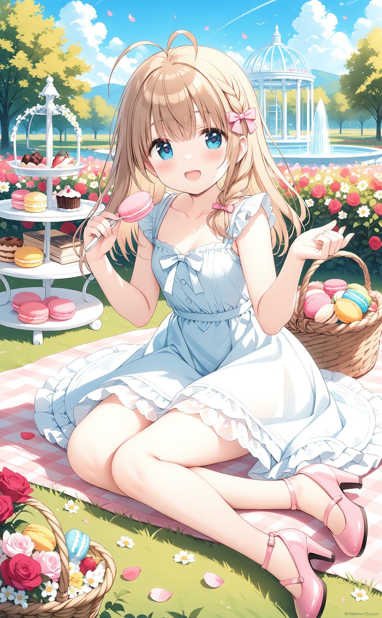 masterpiece,best quality,high quality,(colorful),loli,1girl,solo,outdoors,dress,white dress,flower,smile,long hair,braid,blue eyes,pink flower,day,:d,food,open mouth,high heels,looking at viewer,holding,blush,hair bow,rose,bow,pink rose,pink bow,collarbone,book,pink footwear,sky,cloud,brown hair,petals,birdcage,white flower,sleeveless dress,breasts,sleeveless,macaron,picnic,blue sky,holding food,bare shoulders,yellow flower,grass,cage,small breasts,hair ornament,fountain,tiered tray,basket,antenna hair,single braid,red flower,bare arms,