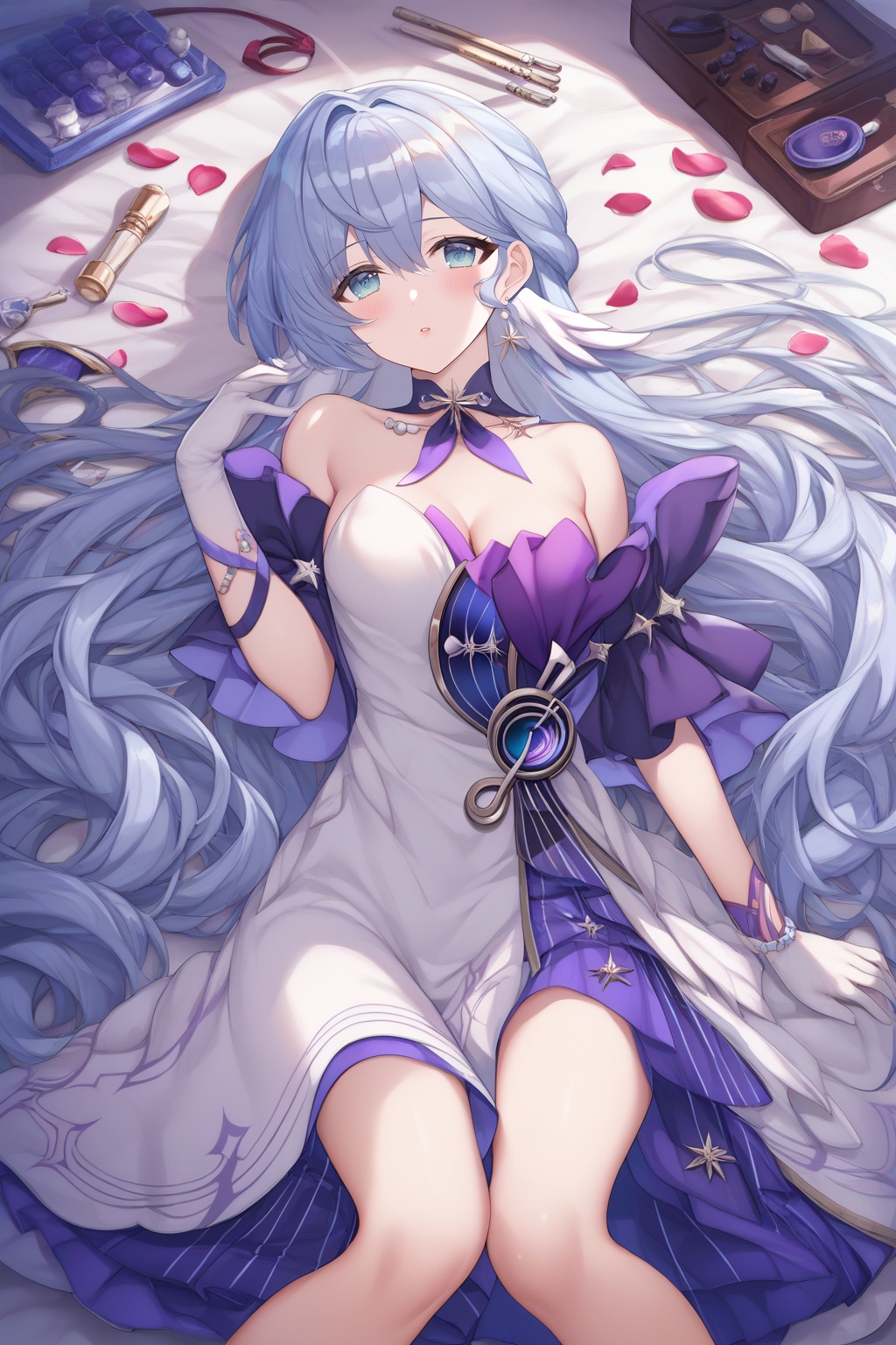 score_9,score_8_up,score_7_up,score_6_up,score_5_up,score_4_up,source_anime,source_cartoon,<lora:robinTUPONYXL-000008:1>,robin \(honkai: star rail\), 1girl, solo, long hair, backless dress, breasts, grey hair, green eyes, looking at viewer, white gloves, lying, on back, bare shoulders, petals, cleavage, parted lips, cosmetics, blush, very long hair, medium breasts, neck ribbo,bare legs, 