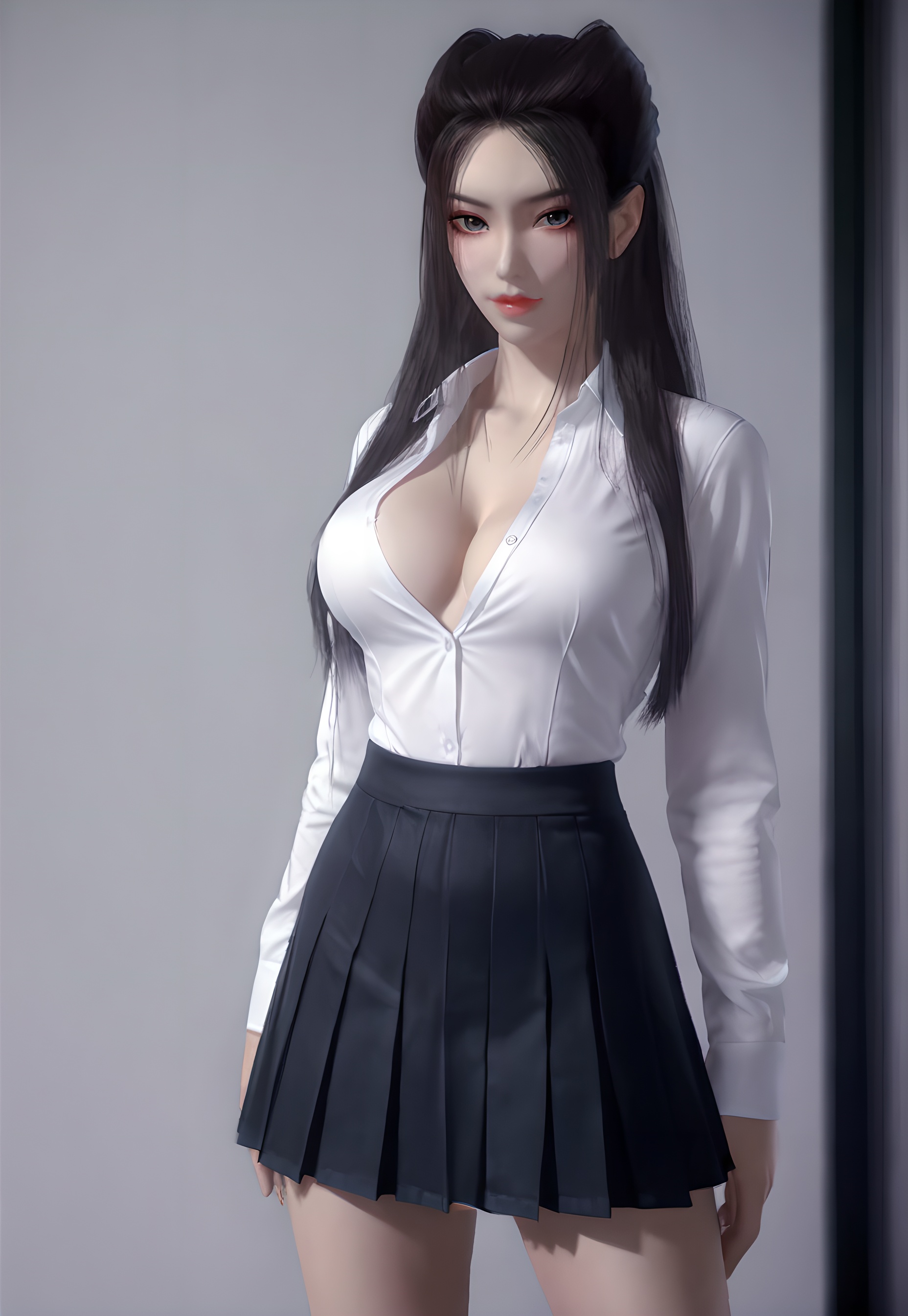 score_9,score_8_up,score_7_up,<lora:SF_YanLingJiBlueCothes_Pony-000004:0.7>,1girl,solo,standing,white school uniform,black skirt,breasts,large breasts,highleg,red lips,jewelry,looking at viewer,white background,