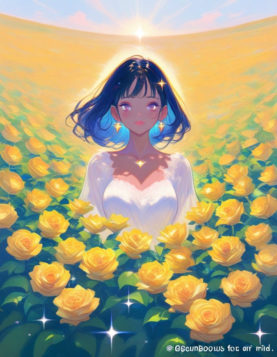 gorgeous Asian girl in a field,  sunflowers and roses,  gorgeous butterflies on Tensor.Art
