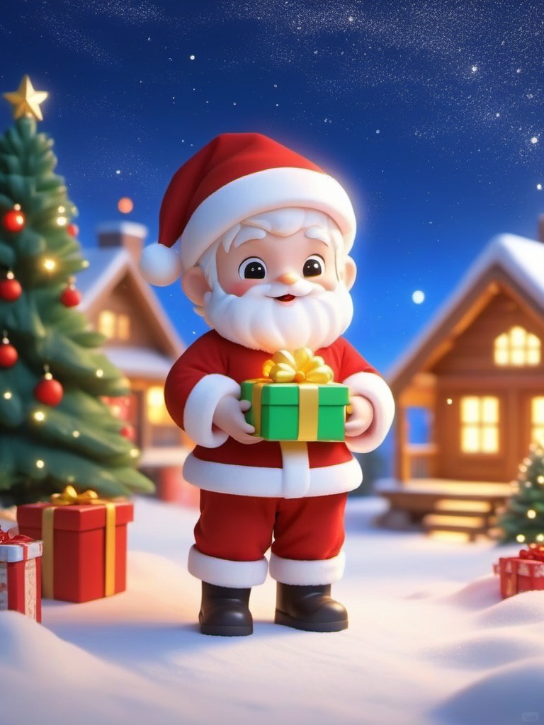 shengdan, A jolly, 3D CGI Santa Claus, decked out in his classic red and white getup, stands in a snowy wonderland, clutching a gift box. Behind him, a glowing blue Christmas tree lights up the night sky, while a cozy cabin with twinkling windows sits to the left. The whole scene is bathed in a warm, festive glow, with snowflakes gently falling.,<lora:manghe_v1-000010:0.8>