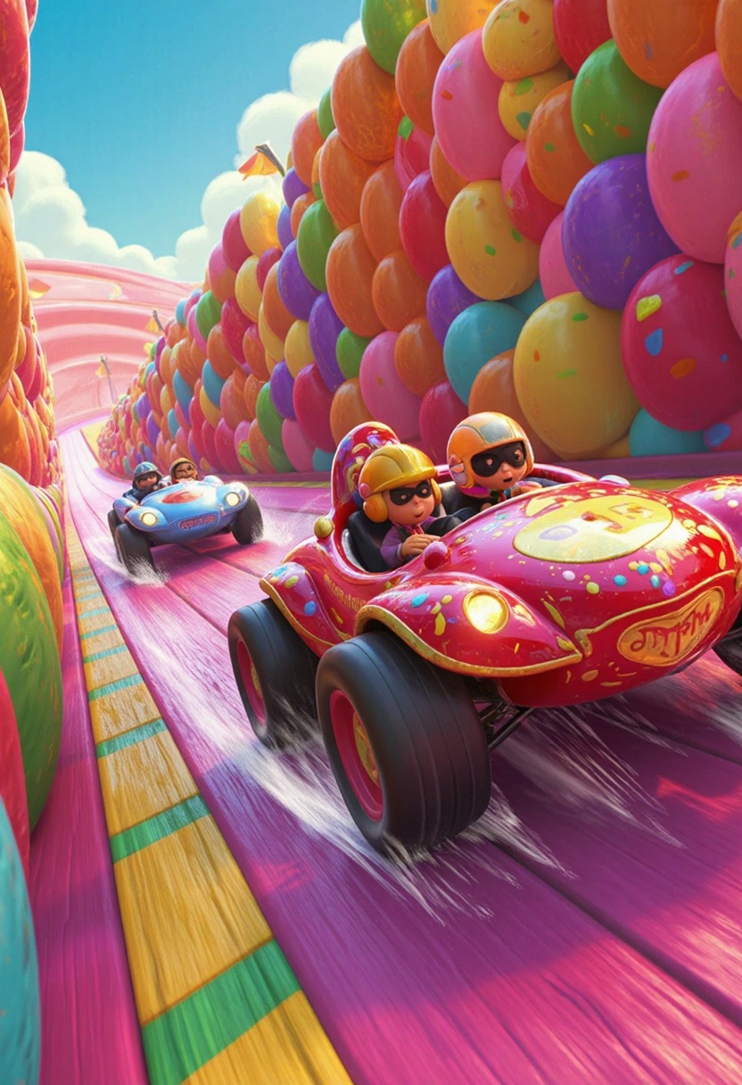 A high-energy sugar rush race featuring a candy-themed racetrack looping through a giant jellybean canyon and a sparkling...