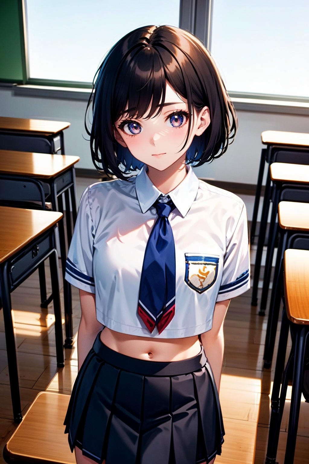 1girl, solo, skirt, black hair, looking at viewer, white skirt, classroom, navel, indoors, shirt, desk, white shirt, short hair, chair, midriff, school desk, school chair, school uniform, pleated skirt, crop top, short sleeves, arms behind back, closed mouth