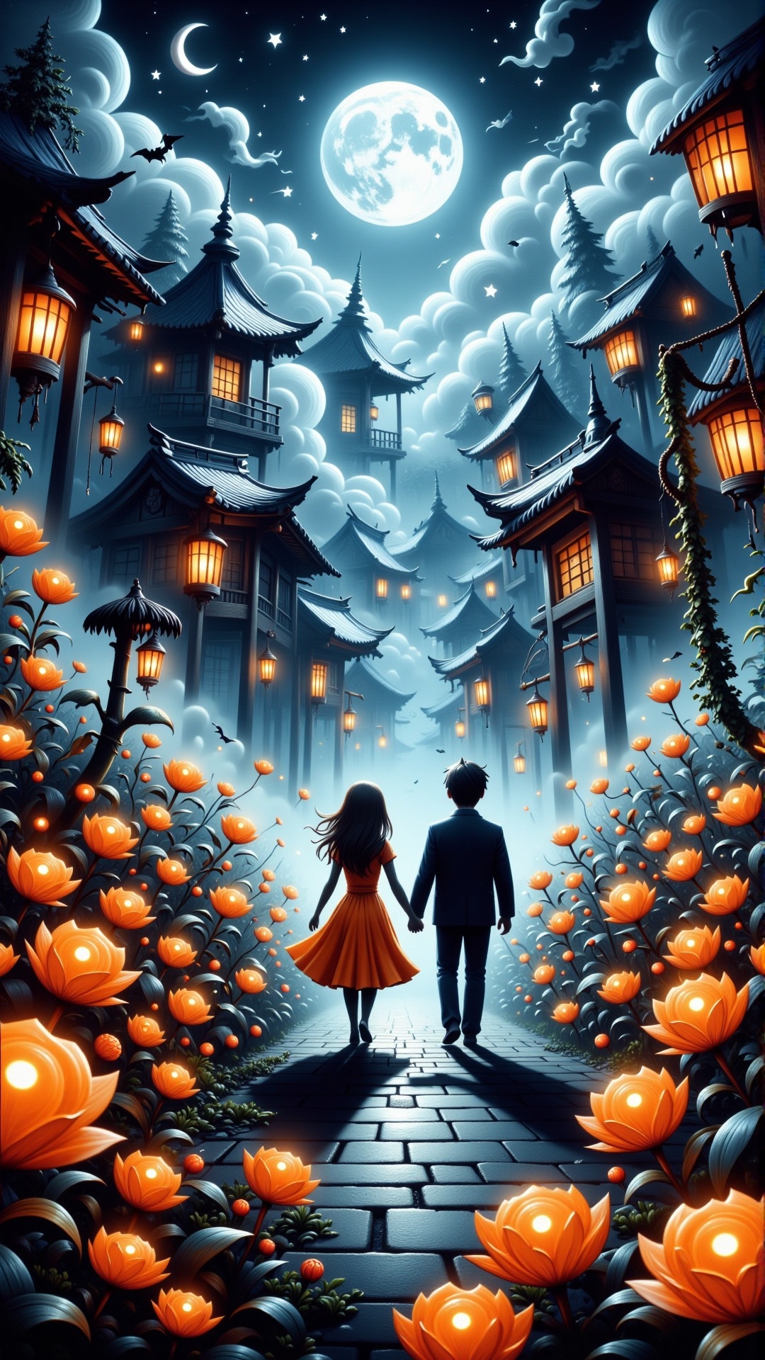 HalloweenGlowStyle orange themed Moonlit stroll,  romantic couple,  hand in hand on Tensor.Art