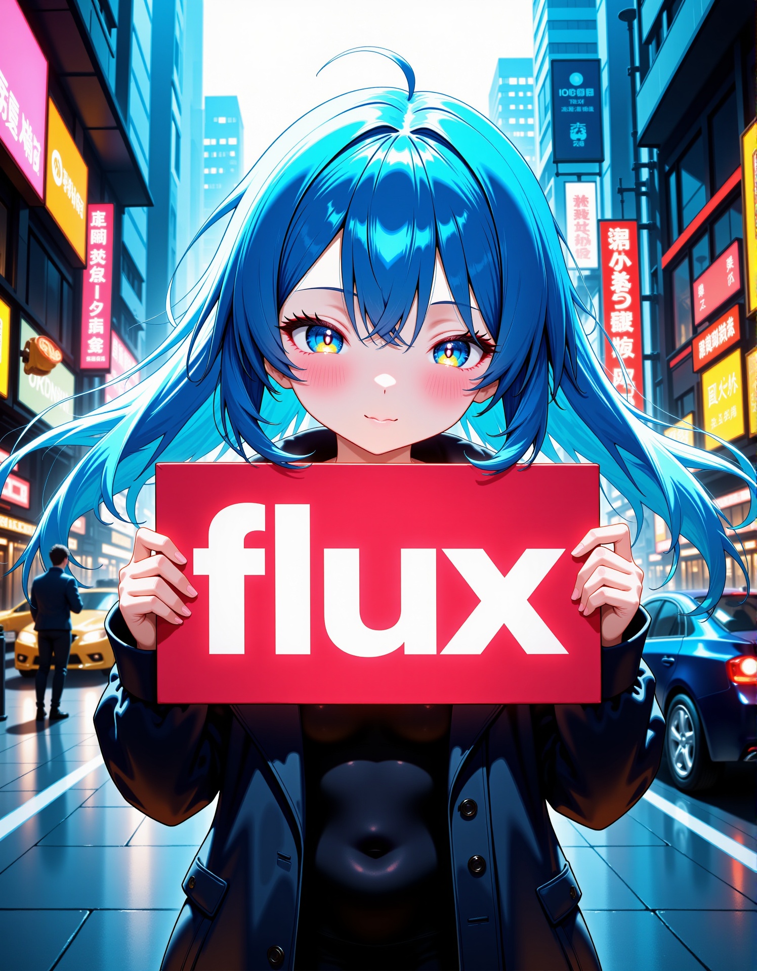 1girl with vibrant blue hair is looking directly at the viewer with a gentle expression. She stands in the middle of a liv...