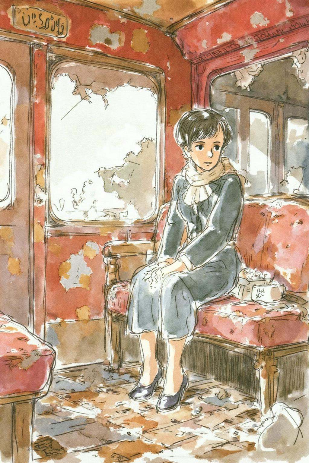 hayaomiyazaki2 illustration.a girl sitting in a dilapidated train car. The train's red interior is faded and worn,  with p...