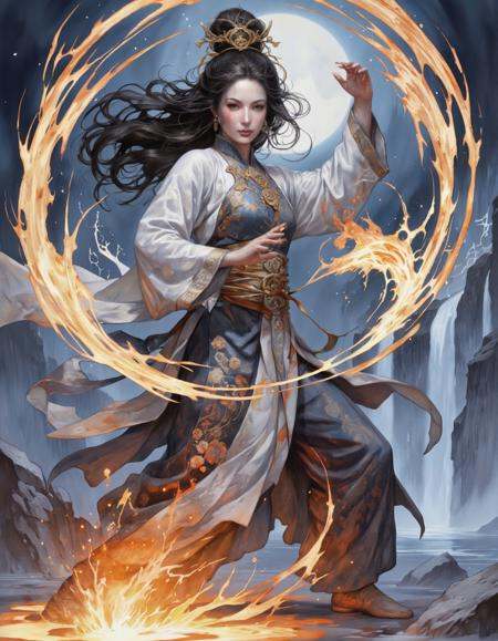 Anime CRABDM style.Anime Tai Chi Moves with Mystical Effects:Subject: Beautiful young woman with flowing hair and large,...