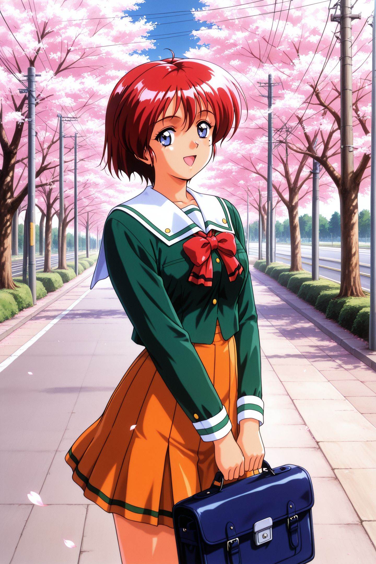 Original Style,Hinomoto Hikari,1girl,mole under eye,solo,red hair,short hair,school uniform,blue eyes,skirt,outdoors,smile,orange skirt,road,bag,looking at viewer,day,holding,1990s \(style\),long sleeves,power lines,school bag,pleated skirt,holding bag,bow,tree,cherry blossoms,open mouth,white sailor collar,<lora:Tokimeki Memorial 2_illustriousXL_v2:0.9>,