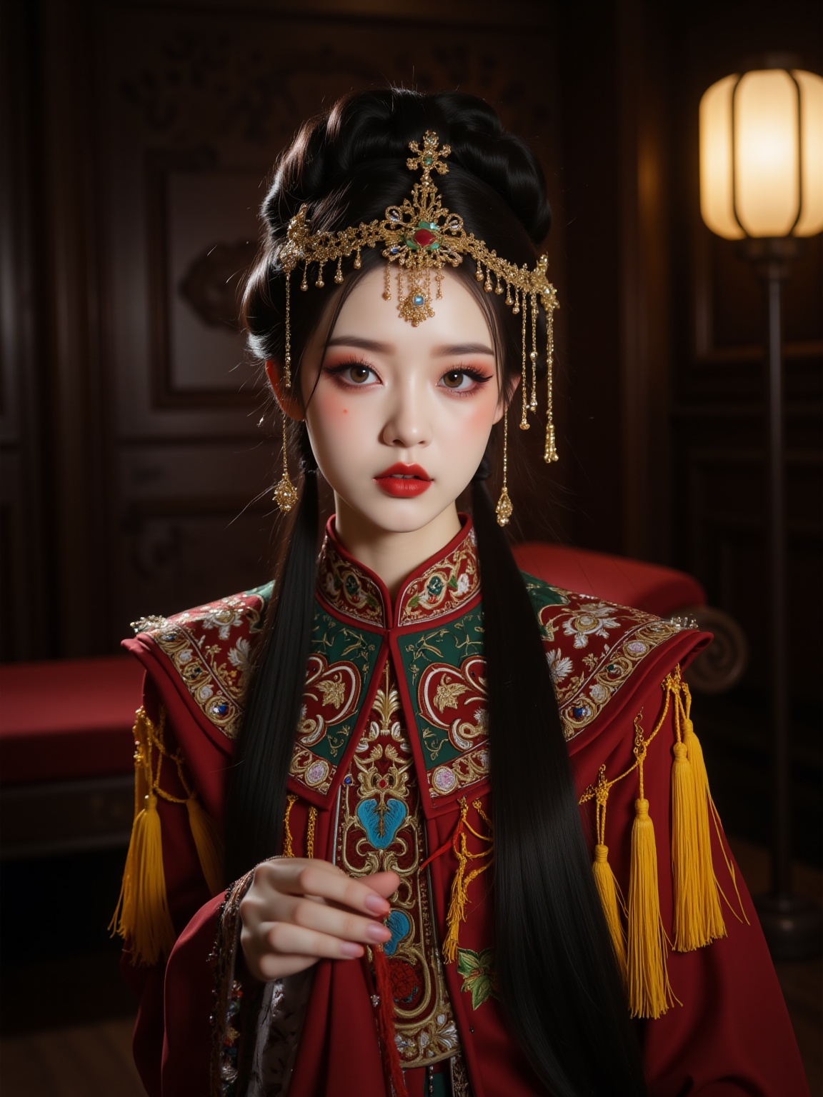 The photograph captures a young Asian woman with an ethereal, otherworldly appearance. She stands in a dimly lit room with a rich, ornate background featuring dark wooden furniture and a chaise lounge. The woman's skin is pale, with a delicate makeup palette that accentuates her large, almond-shaped eyes adorned with thick, dramatic eyeliner and a single red dot on her left cheek. Her lips are painted a deep red, and her face is framed by intricate, elaborate headpiece adorned with gold and jewels. She wears an elaborate, traditional Chinese dress with a high collar, red as the dominant color, and adorned with intricate embroidery in gold and green, with bright yellow tassels hanging from the sleeves. Her dark hair is styled in an elaborate updo, with long, flowing strands cascading down her back. She holds a delicate red thread in her right hand, which is delicately placed in front of her chest. The lighting casts a warm glow, highlighting the richness of her attire and the intricate details of her makeup. The overall scene is rich in texture and color, with a surreal, almost dreamlike quality.