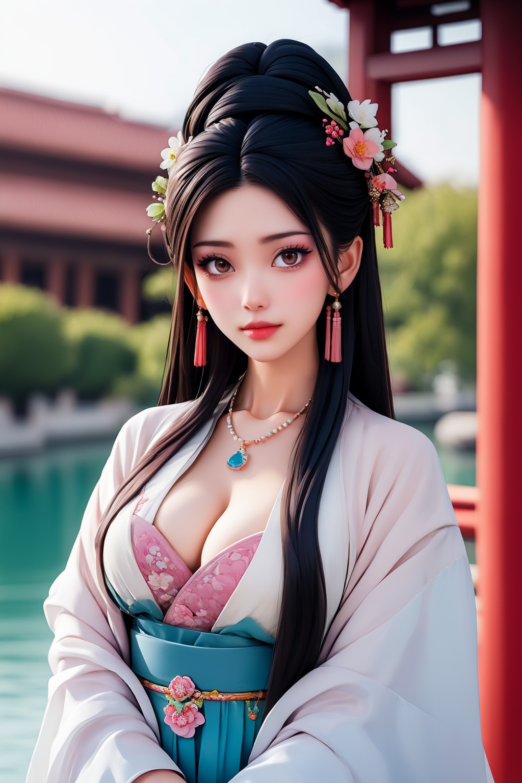 1girl, breasts, jewelry, hair ornament, upper body, long hair, looking at viewer, necklace, cleavage, hanfu, outdoors, 