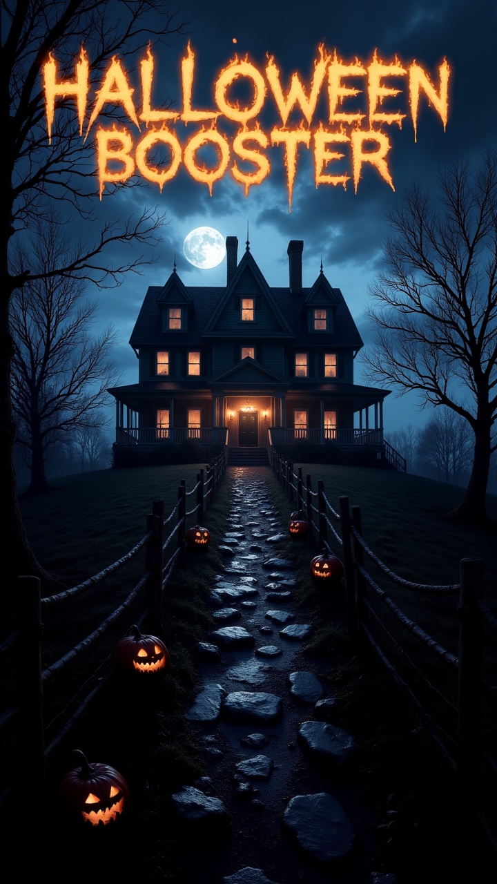 A dark,  haunted mansion on a hill,  with jack-o'-lanterns lining the path on Tensor.Art