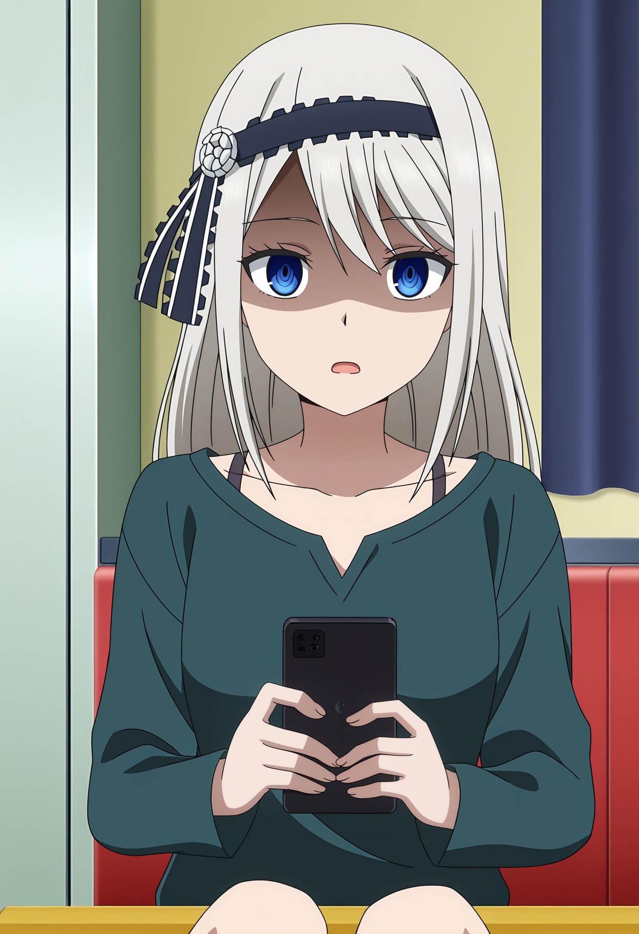 <lora:Shirogane Kei_illustrious-000010:1>,Shirogane Kei,solo,hairband,phone,open mouth,cellphone,holding,indoors,looking at viewer,sitting,shaded face,long sleeves,smartphone,shirt,collarbone,anime coloring,anime screencap,