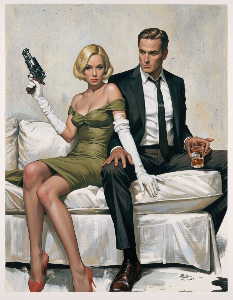RobGin style. A highly stylized and colorful illustration of a man and a woman sitting on a white couch,  with the woman o...