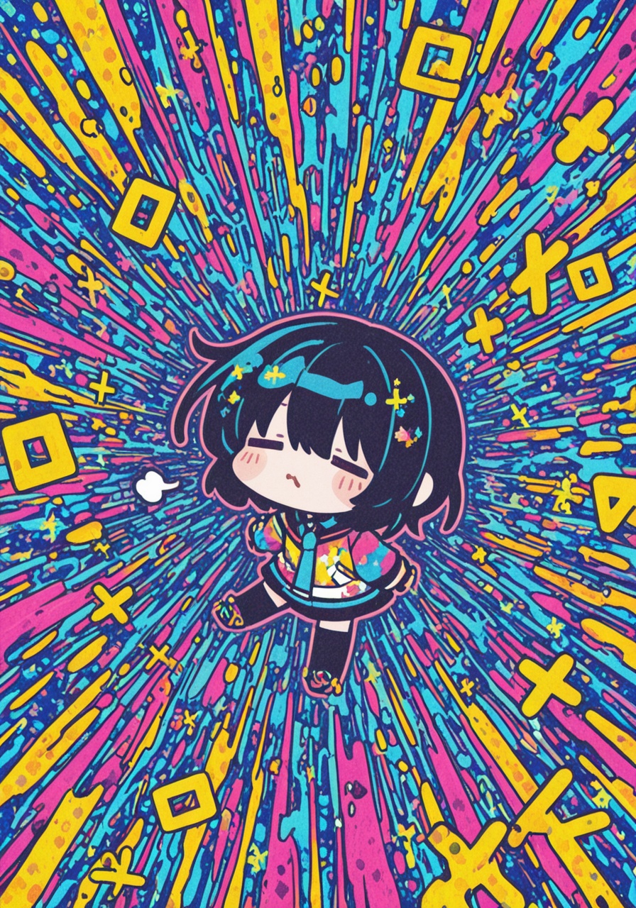 masterpiece, best quality, high quality, colorful art, splash background, 1girl, chibi, =_=, puff of air