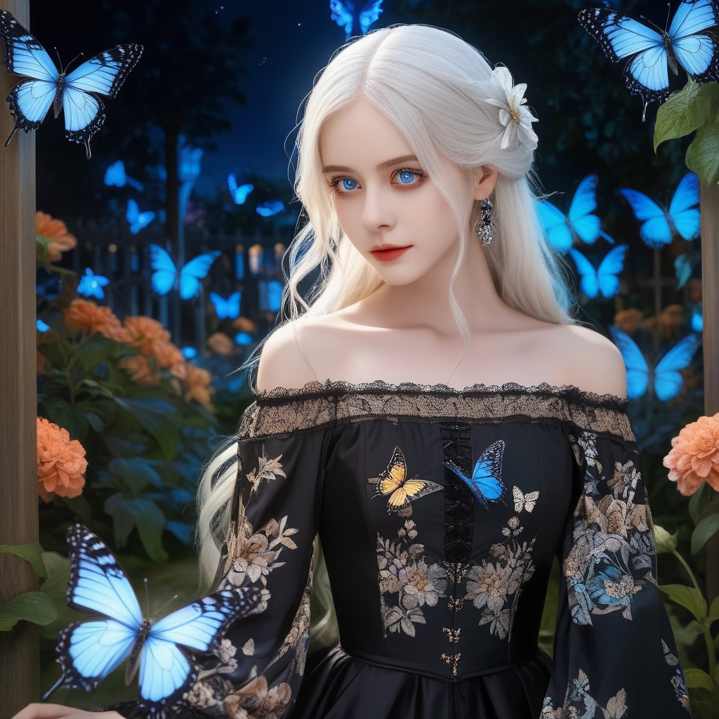 (masterpiece),(best quality),night,glowing eyes,gothic,long dress, 1 girl, solo, long white hair, blue eyes, detailed eyes, blink and youll miss it detail,butterfly, flower garden, high quality, floral background, very detailed,off shoulde <lora:823-DA-XL-国模-恶女-VIVI:0.8>,