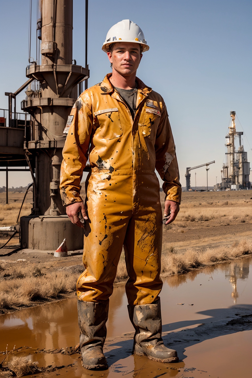 semi-arid plain with sage brush,  standing next to ((oil well drilling rig)),  MarcusMojo is a roughneck oil rig worker on...