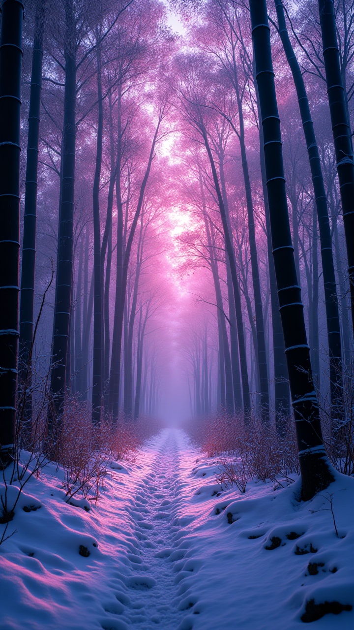 Fantastical Text:"RIP Midjourney",  A over the shoulder shot of a bamboo shoot,  with ambient light images and dark pink c...