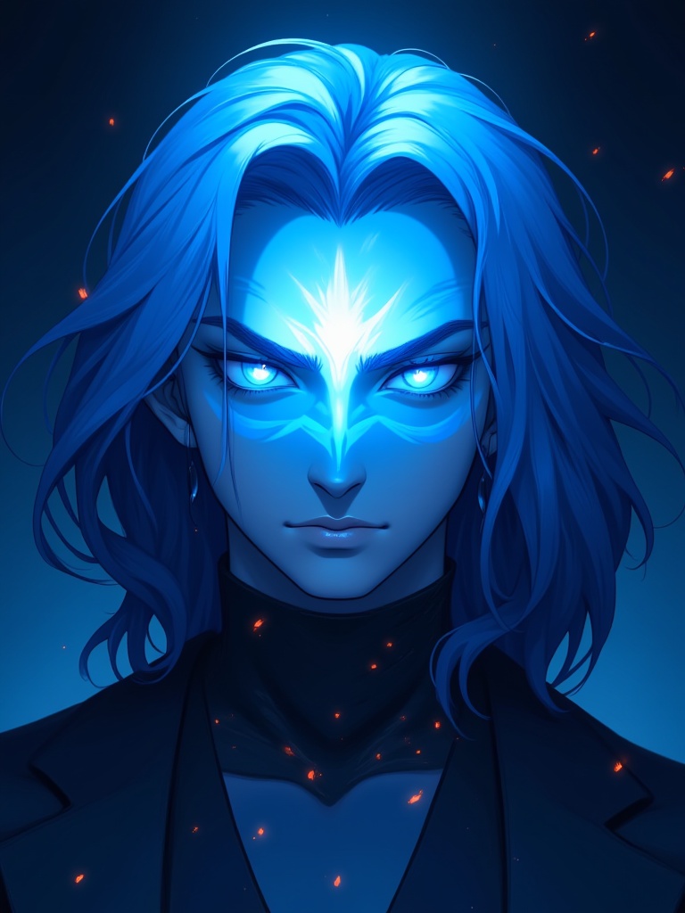 niji style,  a man's face is depicted in a close-up view. The man's head is encased in a wavy blue shade of light blue,  w...