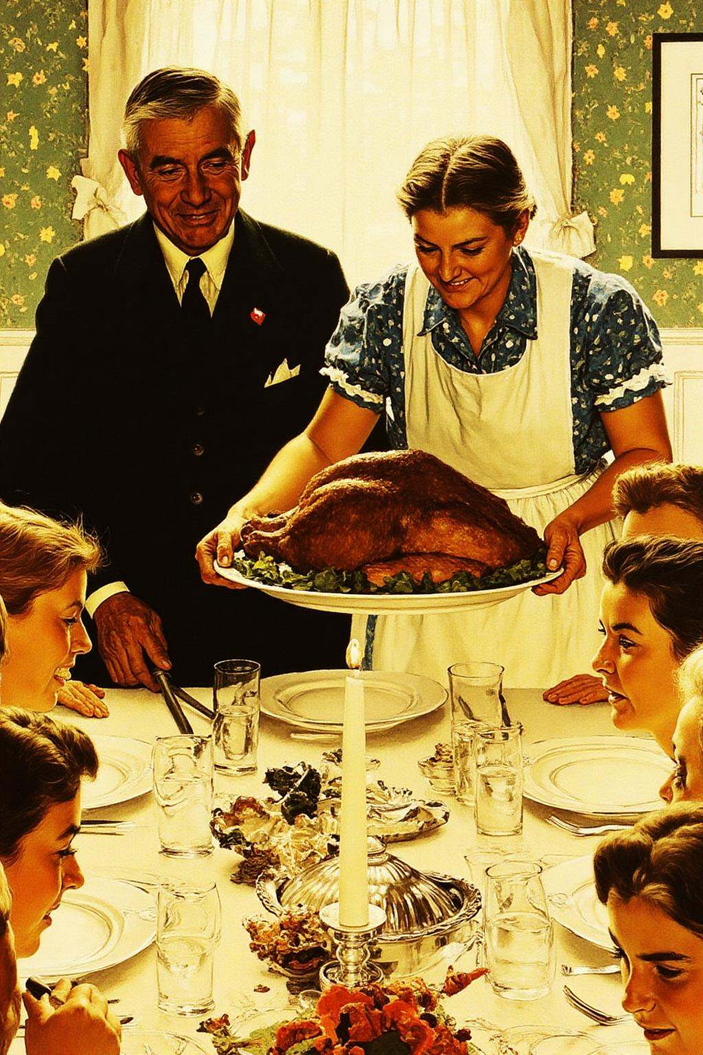 normanrockwell1 painting. A family gathered around a large dining table,  enjoying a Thanksgiving dinner. The table is lad...