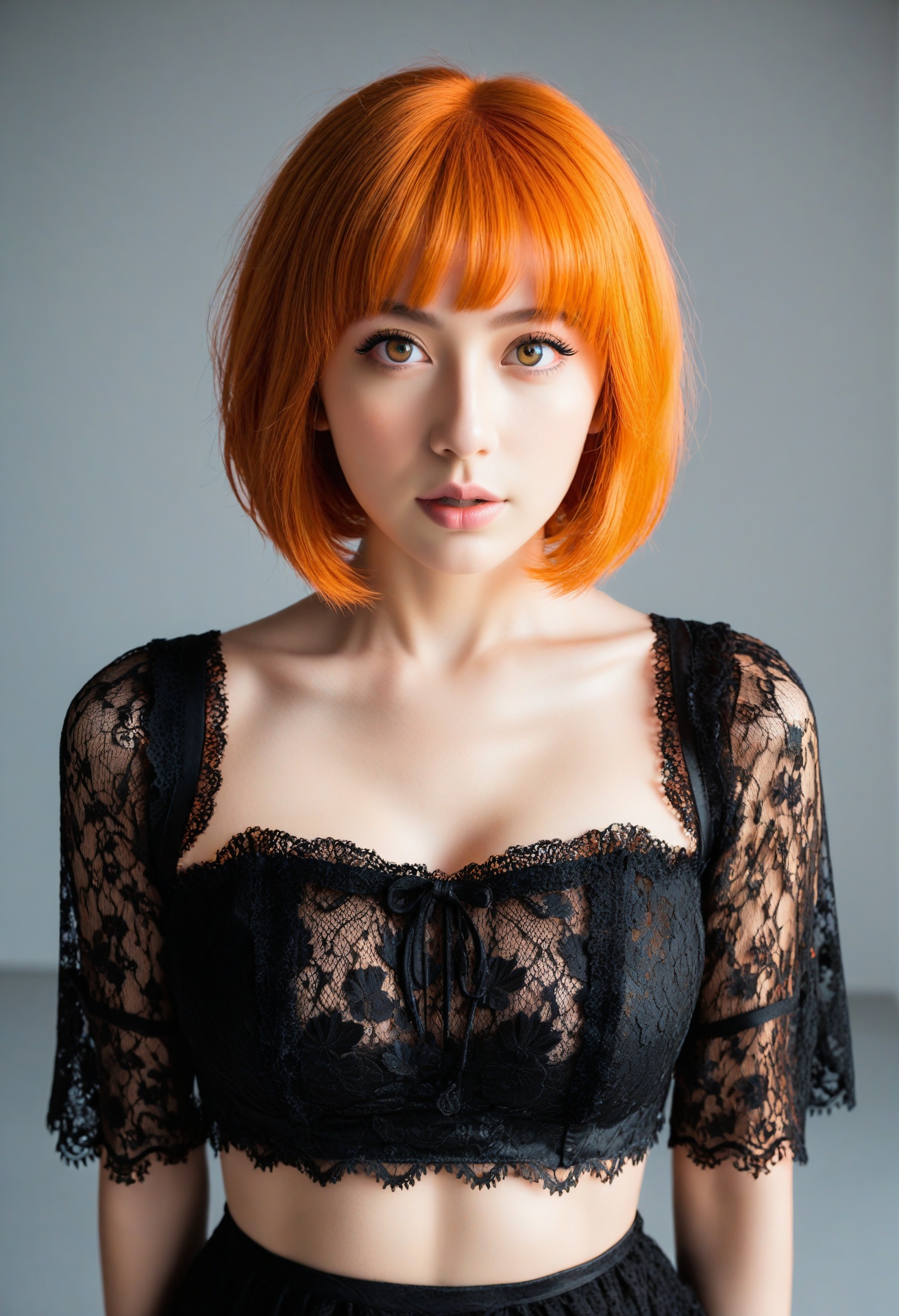 black lace dress,  orange hair,  bob cut on Tensor.Art