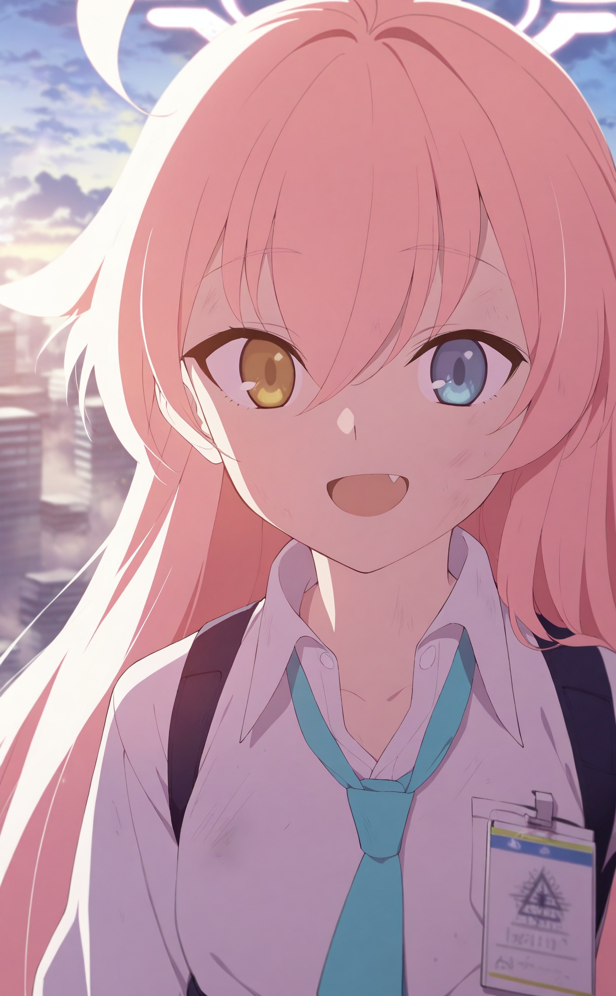 masterpiece,best quality,high quality,1girl,hoshino (blue archive),heterochromia,shirt,solo,pink hair,necktie,white shirt,halo,long hair,blue eyes,fang,ahoge,blue necktie,collared shirt,building,outdoors,yellow eyes,looking at viewer,smile,id card,hair between eyes,open mouth,skyscraper,cloud,sky,upper body,pink halo,dirty,shoulder strap,cloudy sky,aqua necktie,city,dust,:d,cityscape,sunrise,harness,skyline,blurry,dirty face,strap,,<lora:BA2——【Illustrious】hans:1>,
