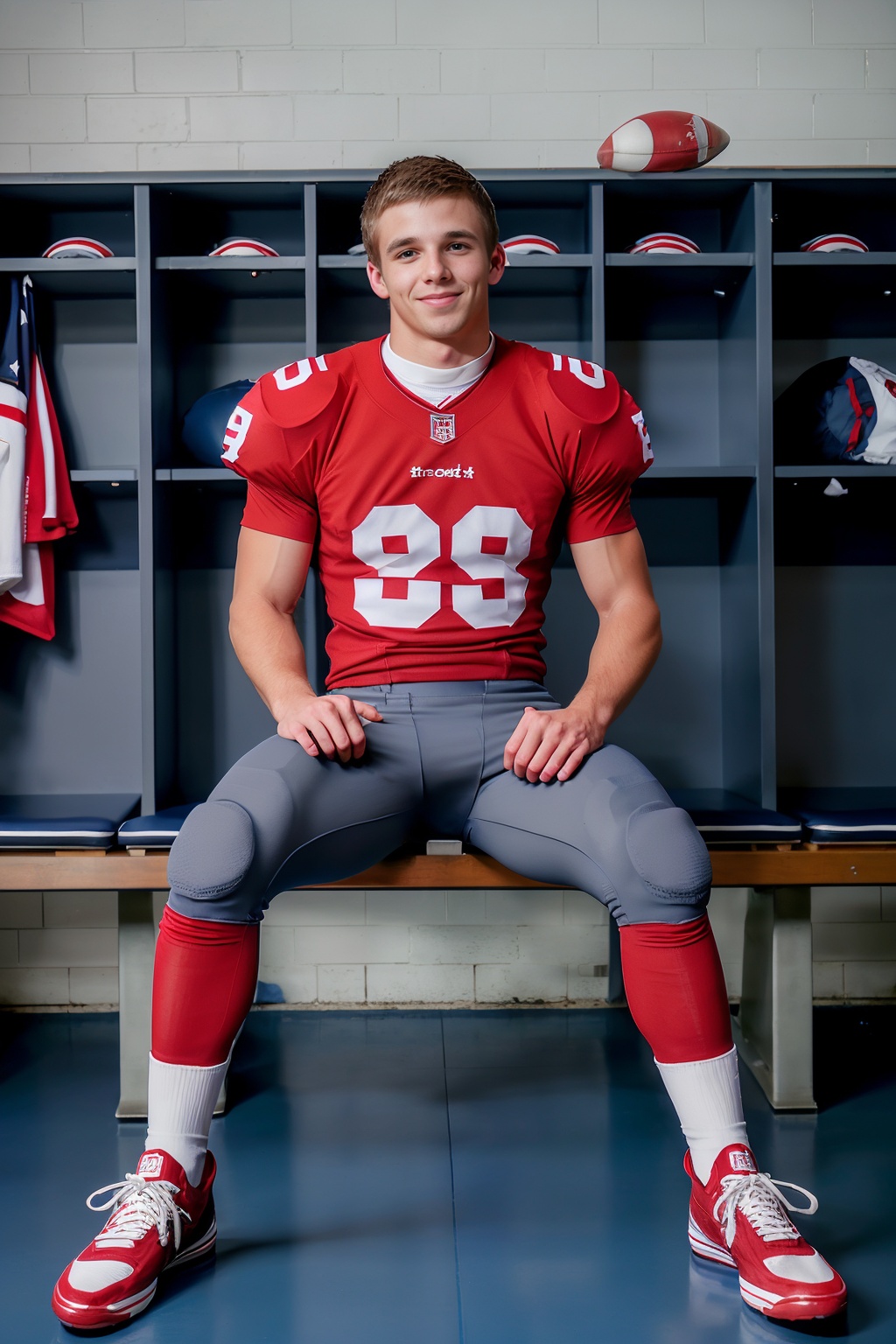 in an American football locker room,  (sitting on a bench),  legs spread open on Tensor.Art