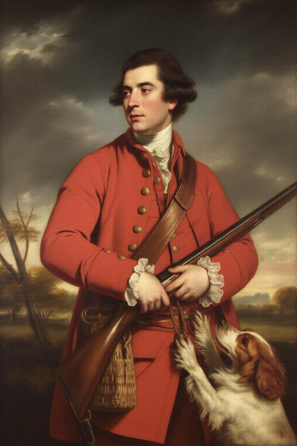 joshuareynolds2q painting.An 18th-century gentleman and his hunting dog in a pastoral landscape. The central figure is a m...