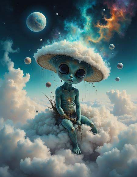 cinematic stylized painting of a cute little alien sitting on a fluffy cloud in the sky above clouds with adorable danglin...
