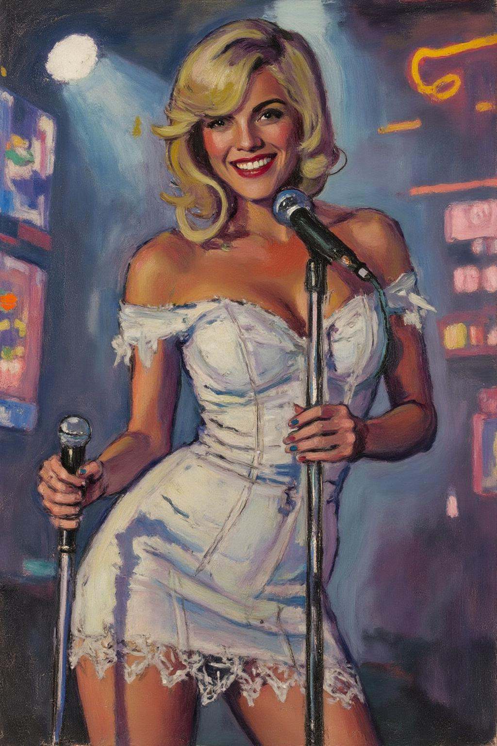 henrylymansayen1 painting.A blonde woman with a slim physique,  wearing a white,  off-the-shoulder on Tensor.Art