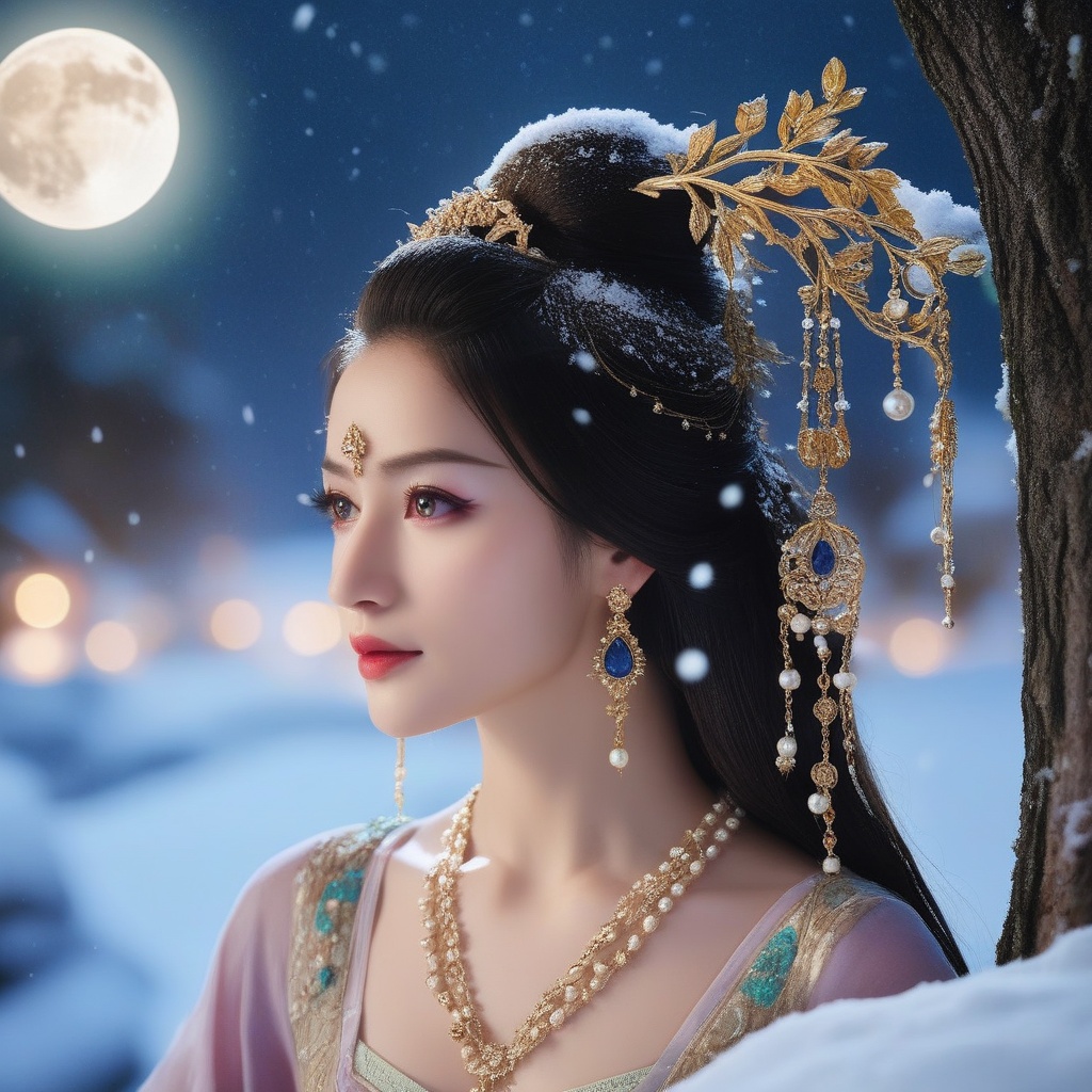 <lora:831-DA-XL-国风E:0.8>, (,1girl, ,best quality, ),,  picture-perfect face,   clean, masterpiece,     cinematic lighting, cinematic bloom, fantasy,  , unreal, science fiction, ((,1girl, pov,))(((,tree, 1girl, full moon,snowing,snow ,solo,     solo focus,  long_hair, looking_at_viewer,  )))  (rich:1.4,)     prestige, luxury, jewelry, diamond, gold, pearl, gem, sapphire, ruby, emerald, intricate detail, delicate pattern, charming, alluring, seductive, erotic, enchanting, hair ornament, necklace, earrings, bracelet, ,