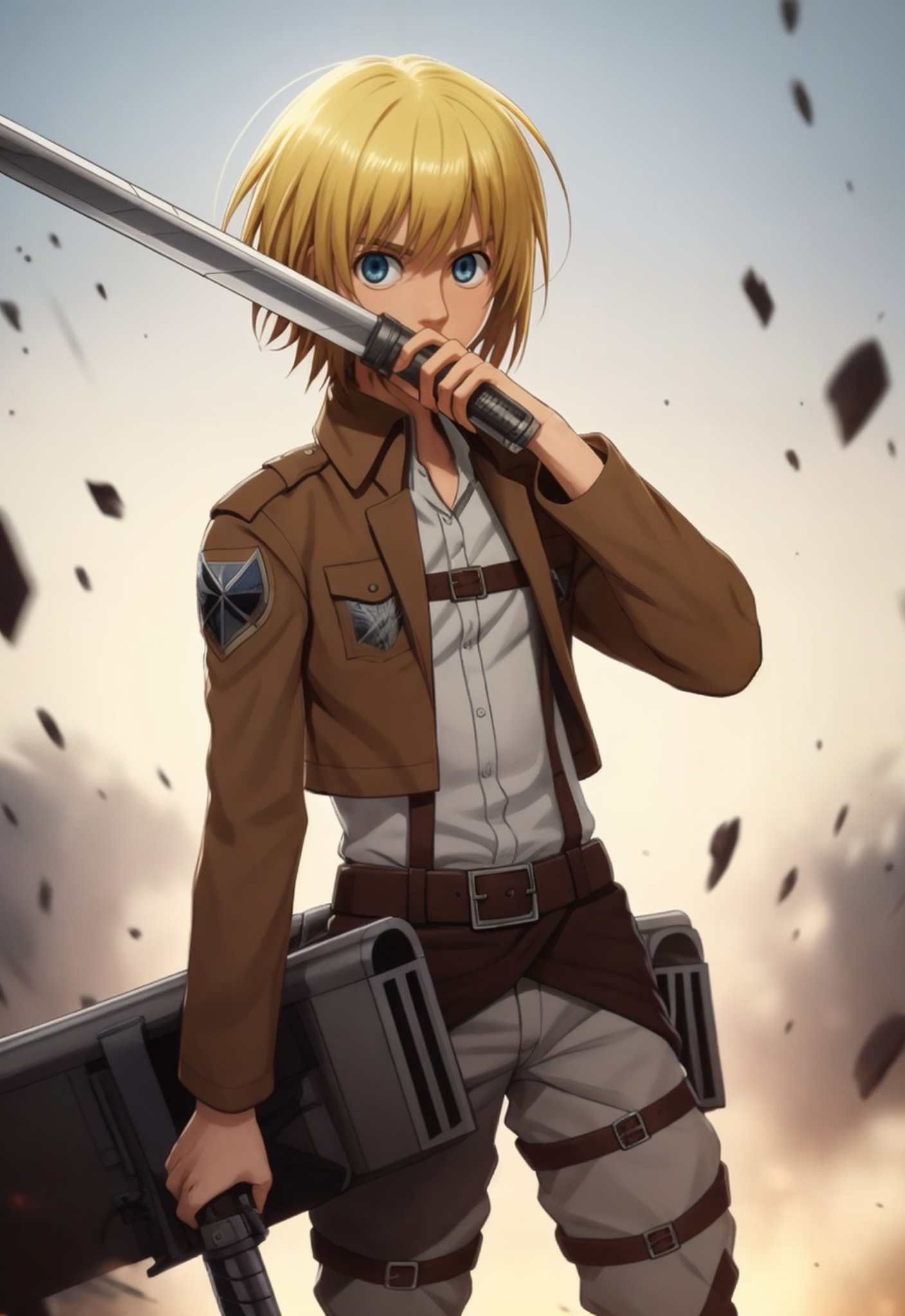 golden hour,highly detailed,ultra-high resolution,32K UHD,sharp focus,best-quality,masterpiece,Emotionalization,with a high-end texture,incredibly absurdres,Cinematic Lighting,<lora:阿明-000024:0.6>,aming,1boy,blonde hair,solo,paradis military uniform,emblem,weapon,three-dimensional maneuver gear,jacket,blue eyes,male focus,holding,armin arlert,uniform,belt,training corps \(emblem\),sword,dual wielding,short hair,thigh strap,military,white background,military uniform,
