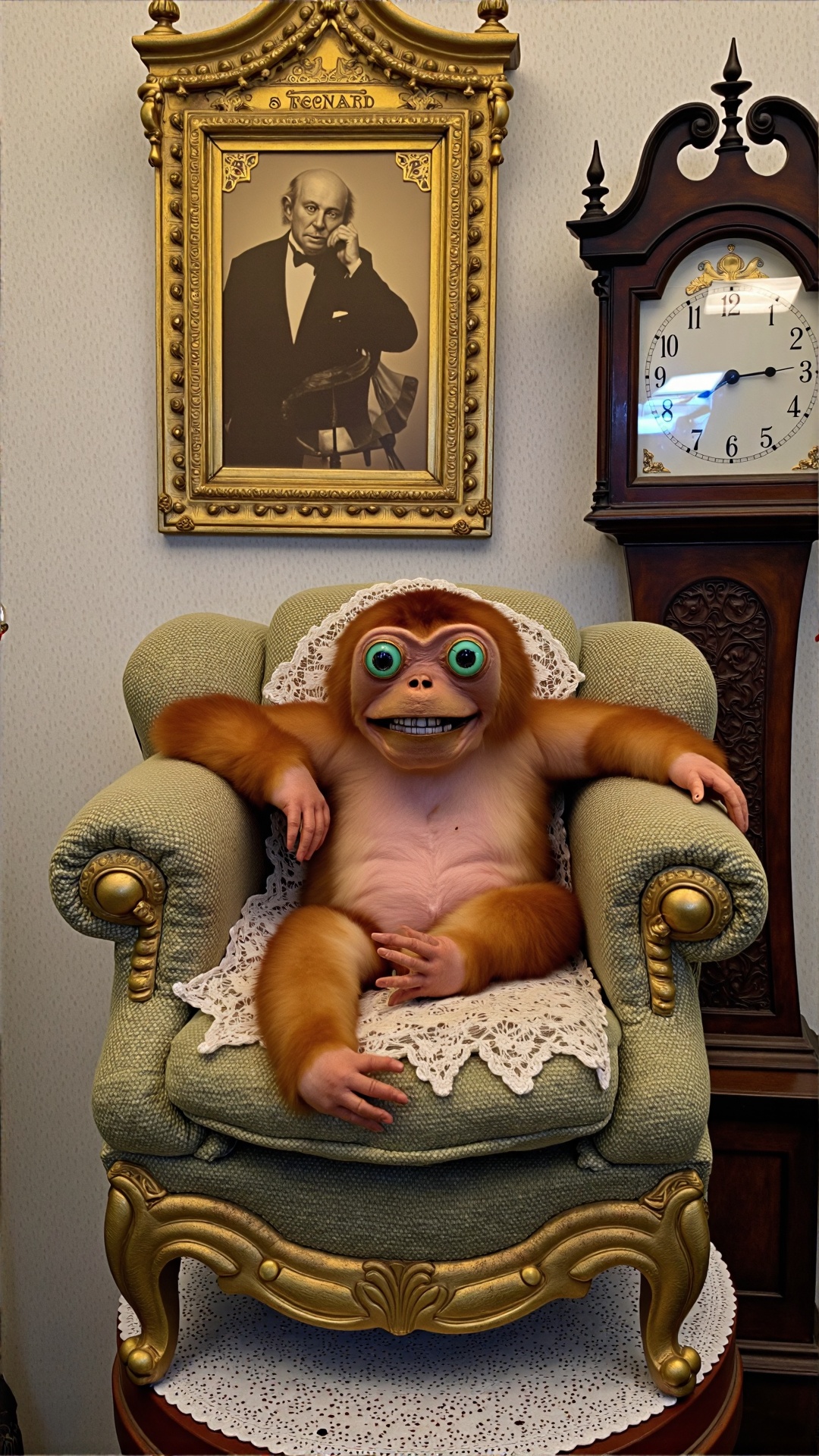 A photo of a badtxdrmy,  bad taxidermy,  A poorly taxidermied orangutan baby sits in a tiny on Tensor.Art