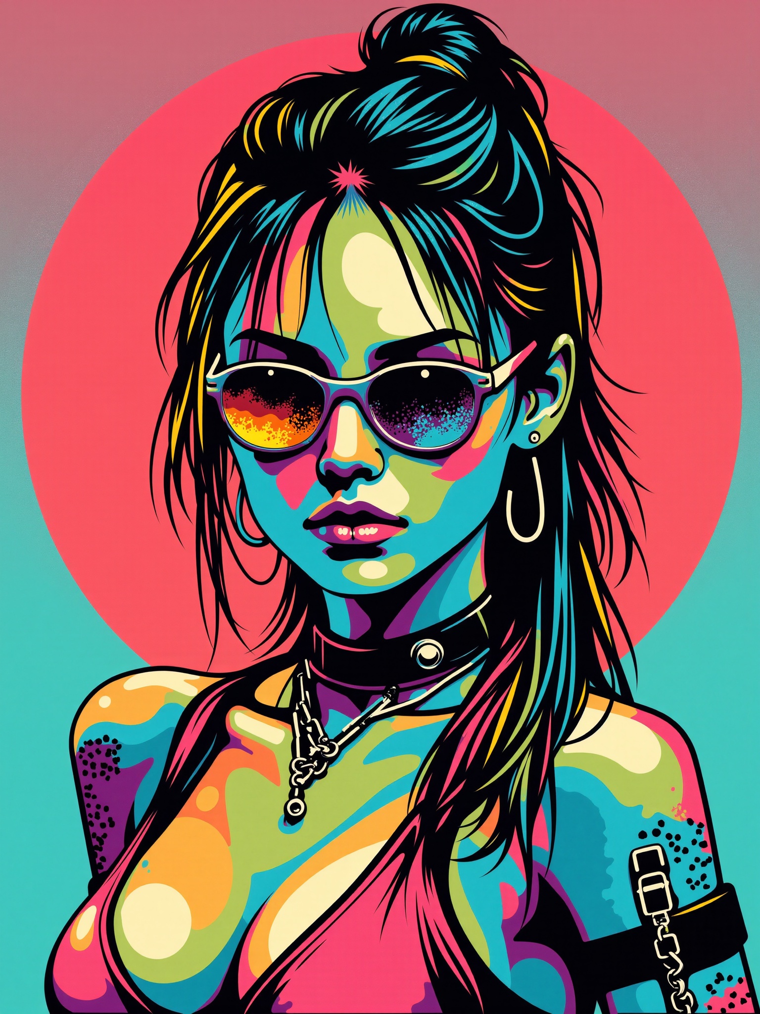 cyberpunk woman cybernetic implants,  flat colors,  mad-stncl on Tensor.Art