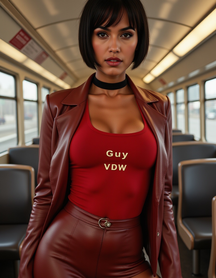 smile lines,  short hair,  a stunning closeup photo of a gorgeous woman standing confidently on an empty bus on Tensor.Art