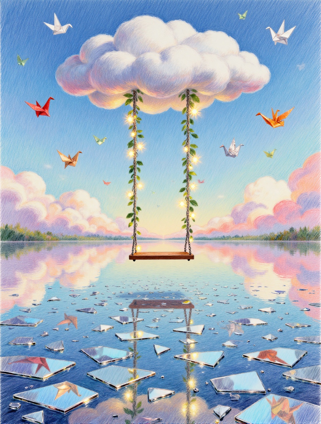 Dreamscape,  The image shows a swing,  which is suspended beneath a huge cloud. Surrounded by twinkling lights and green l...