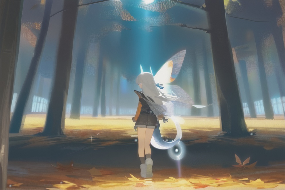 (masterpiece),(best quality),illustration,ultra detailed,hdr,Depth of field,(colorful),artist:wanke,artist:tianliang duohe fangdongye,bright outline,1girl, solo,dragon girl,slit pupils,blue pupils,glowing eyes,horns,long hair, floating hair, white hair, dragon tail, shiny butterfly, glowing butterfly, soft lawn, warm colors, Tyndall effect, Tyndall light, white long shirt, black sleeveless jacket, orange transparent sleeves, transparent Ceiling, fallen leaves, maple leaves, autumn, between two rows of trees there is a road filled with fallen leaves, in the middle of the road there is a beam of light shining on a sword stuck in the ground, sacred, ancient, side shot, wide angle shot, shorts, stepping Foot socks, hanging,transparent,transparent wings,Leather gloves, sharp teeth, mouth drool, clear glass strips, ancient wooden swords engraved with golden runes, foot socks, light gray foot socks, the bottom of the foot socks fades to black