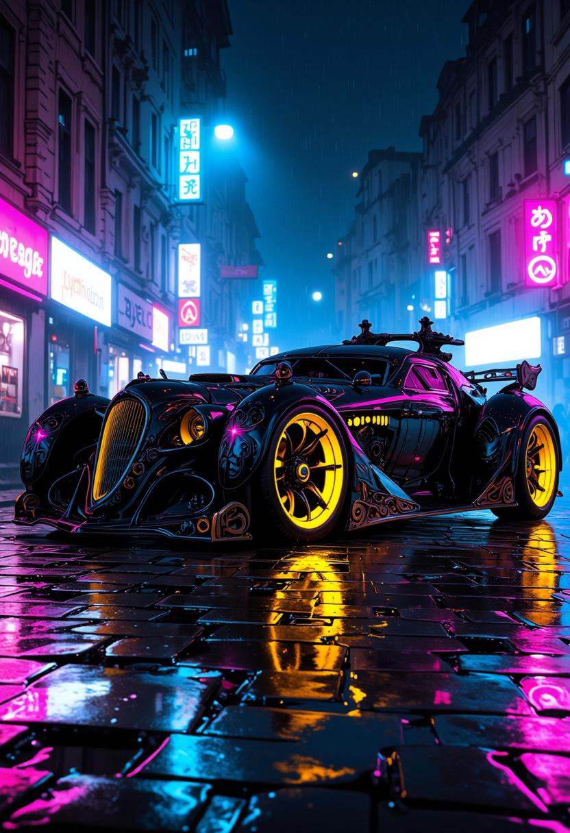 A futuristic black car with an ornate,  gothic-inspired design,  resting on a wet street on Tensor.Art