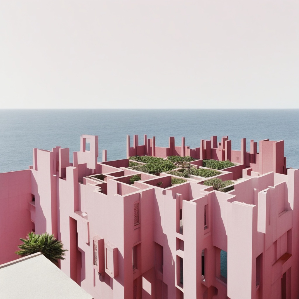 La Muralla Roja by Ricardo Bofill,  panoramic photograph,  building rooftop on Tensor.Art