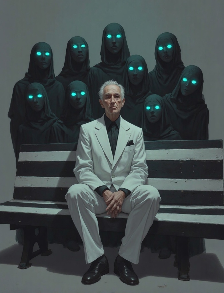 A digital painting depicts an older man in a white suit sitting on a black and white striped bench,  surrounded by a group...