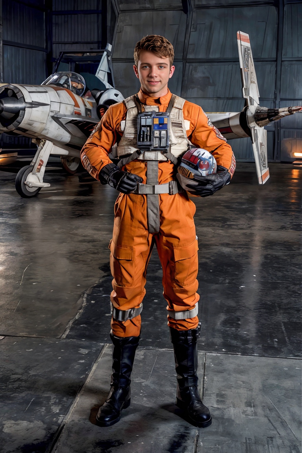 Star Wars,  hangar of rebel base,  standing in front of X-Wing fighter on Tensor.Art