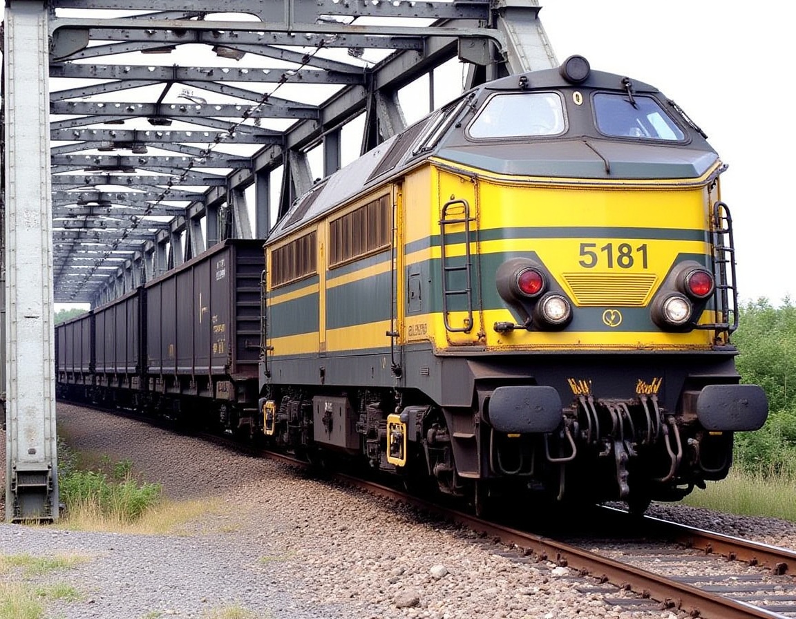 A freight train,  yellow and gray diesel locomotive,  moving across a railway bridge. The locomotive is prominently featur...