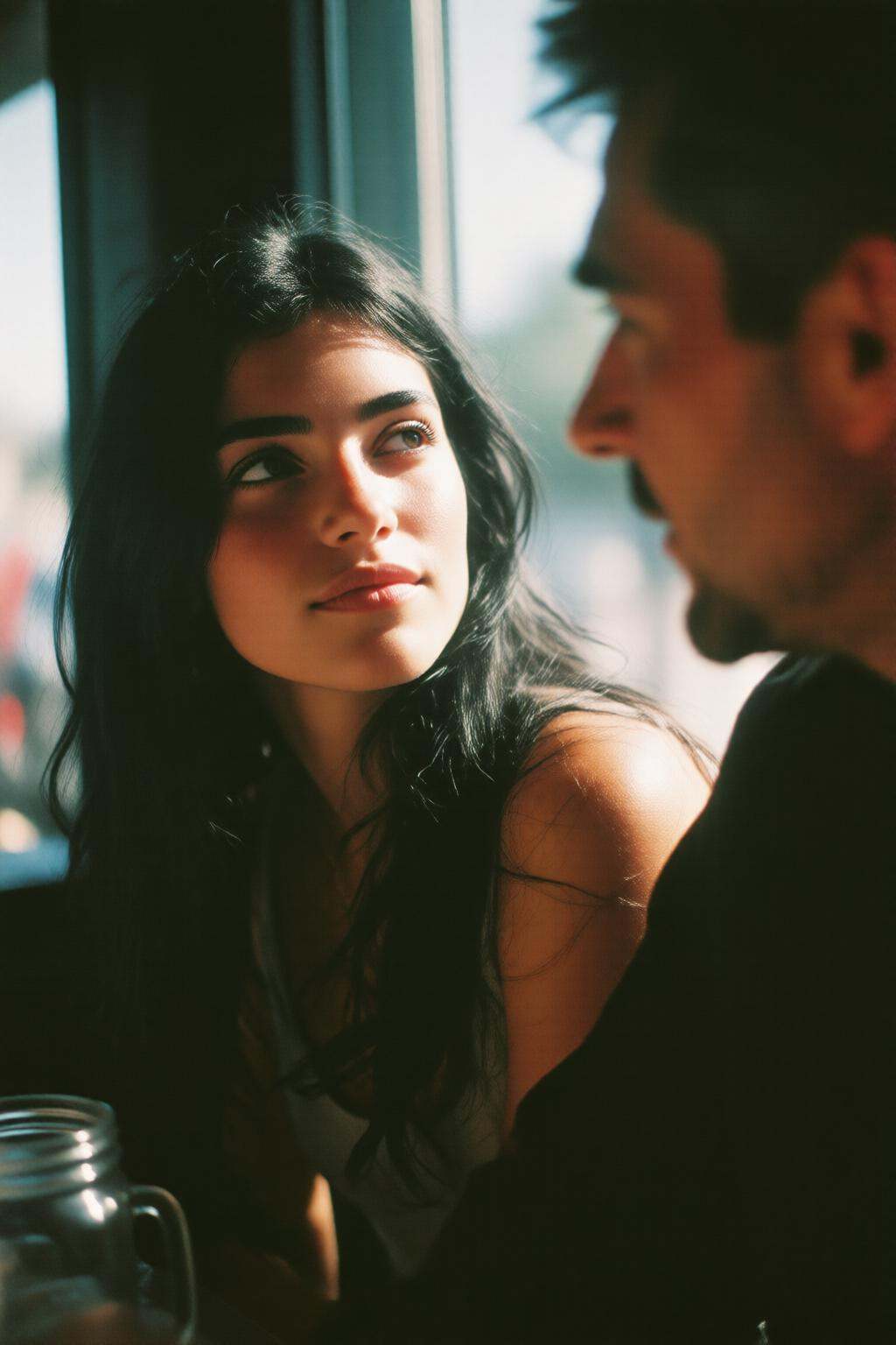 midjourneymix10q photograph.On the left is a young Spanish woman with long,  dark hair sitting at a table,  looking slight...
