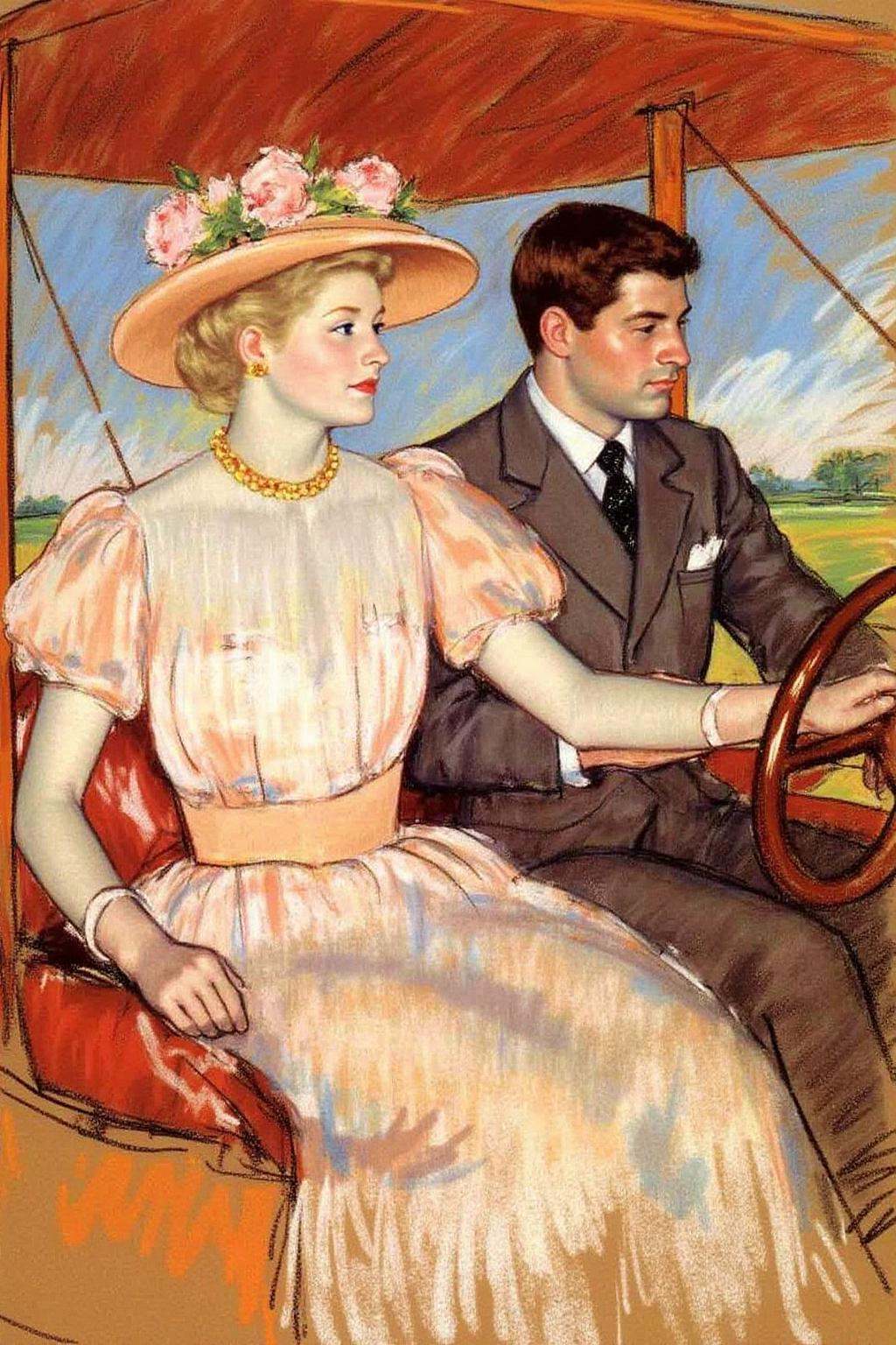 marycassatt2 drawing.A romantic scene of a couple on a vintage biplane. The woman,  in the foreground,  is a stylish woman...