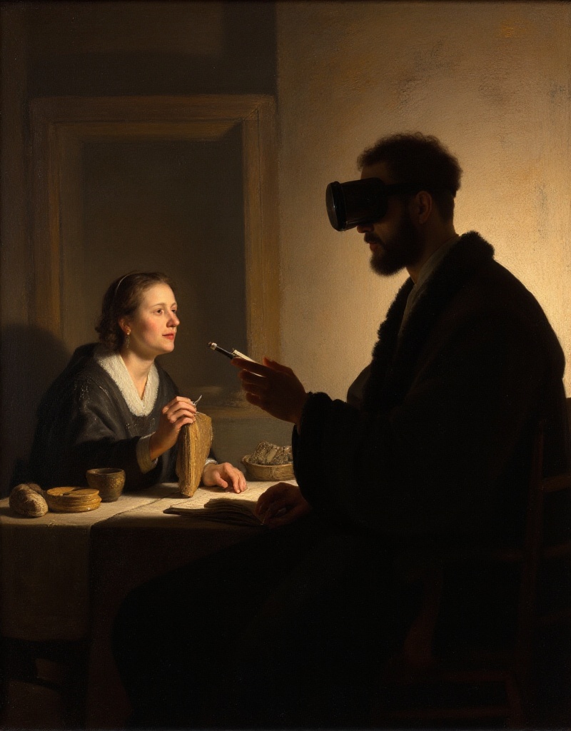 rembrandt style,  painting. a man is using a vr headset on Tensor.Art